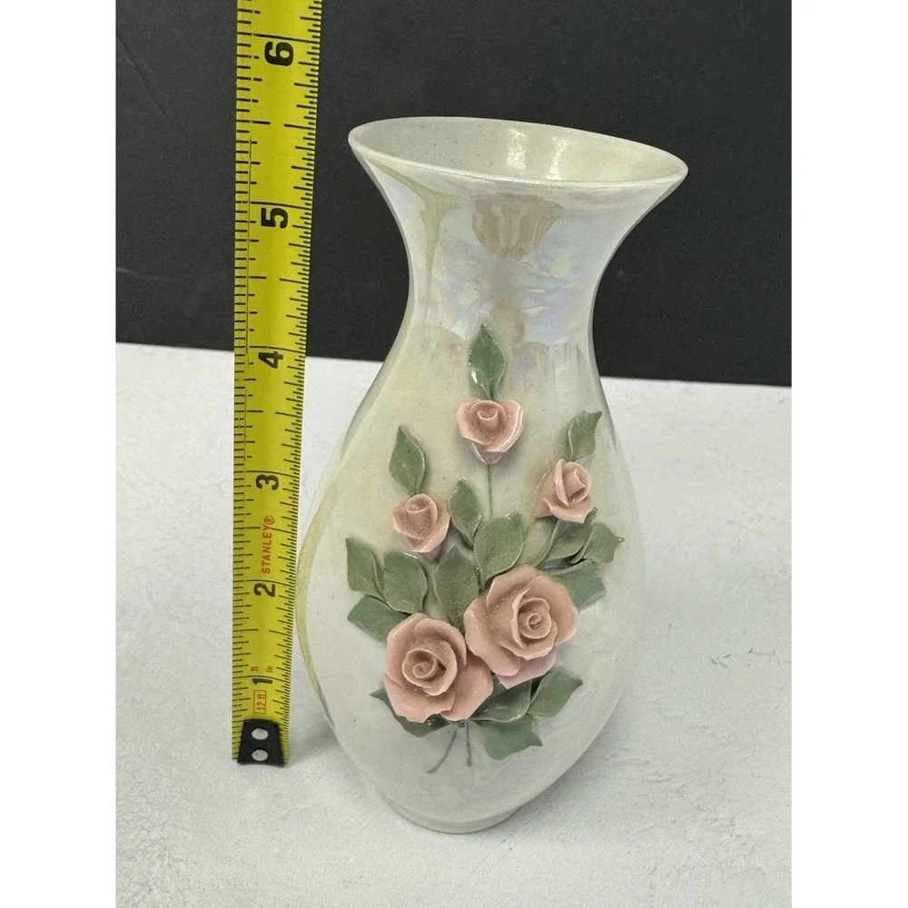Vintage Floral Vase Iridescent Ceramic Roses Embossed Flower Bud‎ Vase Decor
